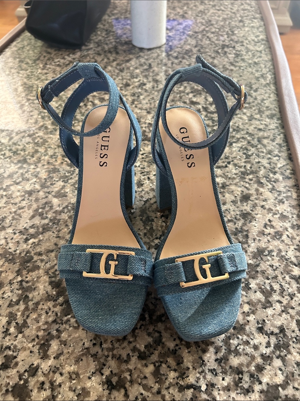 GUESS Denim-Textured Block Heel Sandals in Blue